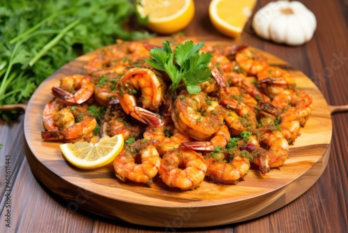 bbq spiced shrimp garnished with parsley on wooden platter © altitudevisual