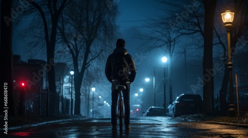 a person standing on bicycle on wet street at night photo