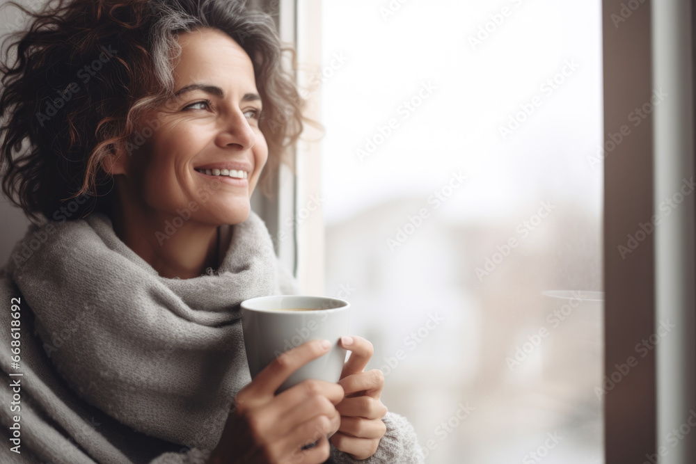 Portrait of happy middle aged woman in cozy sweater holding a cup of hot drink and looking trough the window, enjoying the winter morning at home, side view Portrait of happy middle aged woman in cozy sweater holding a cup of hot drink and looking trough the window, enjoying the winter morning at home, side view