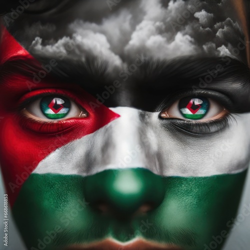 A close-up shot capturing the deep gaze of eyes adorned with the colors of the Palestine flag, with vivid details that evoke passion and pride.

