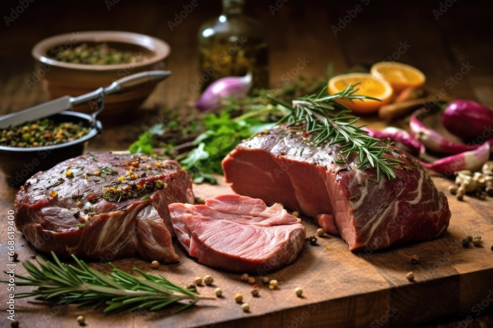 beef roast in a rustic setting with scattered herbs and garlic