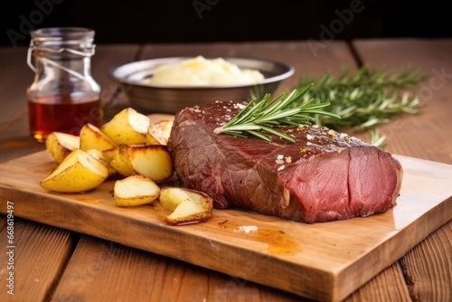 trio: beef roast alongside fresh garlic bulbs and rosemary sprigs