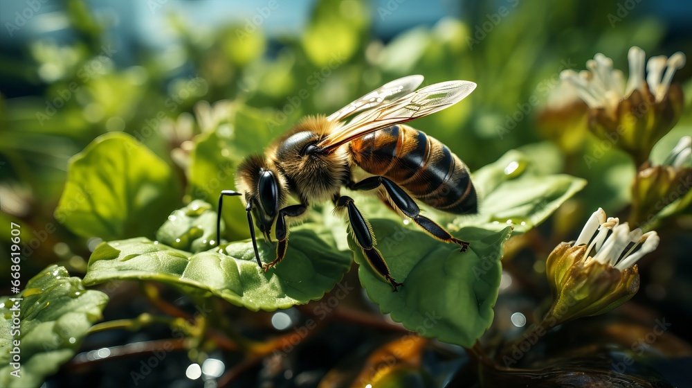 A bee on a clover flower. Generative AI. A bee on a clover flower. Generative AI.