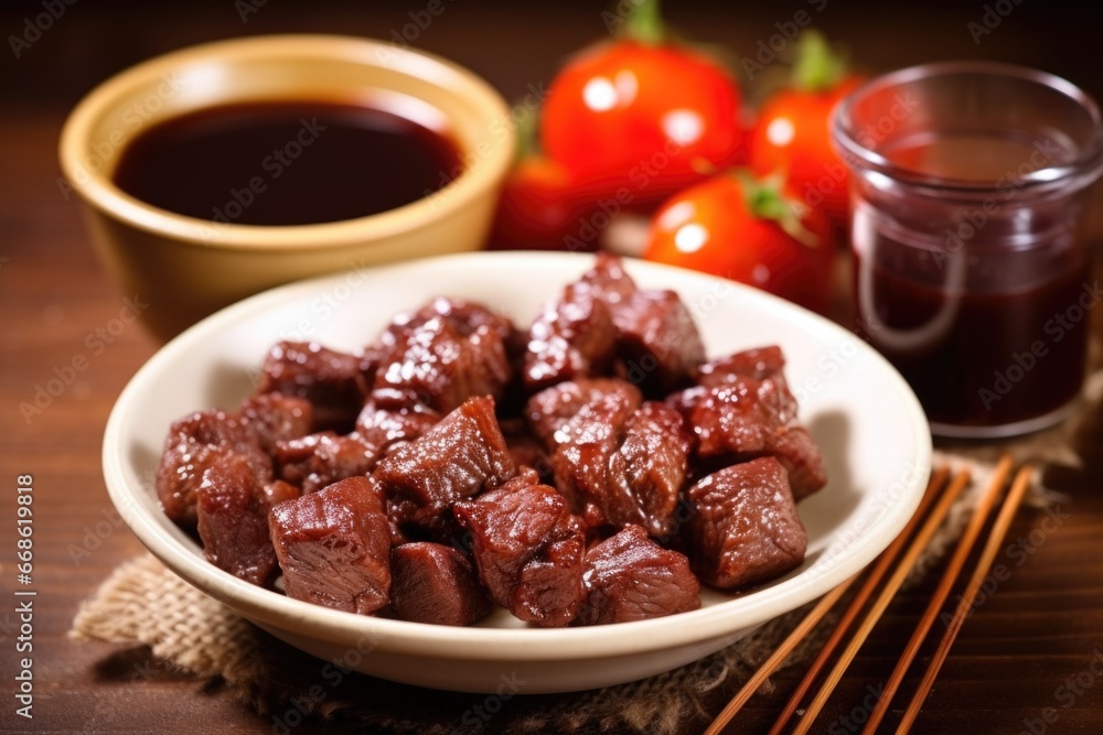beef skewers and a bowl of fresh, homemade barbecue sauce beef skewers and a bowl of fresh, homemade barbecue sauce