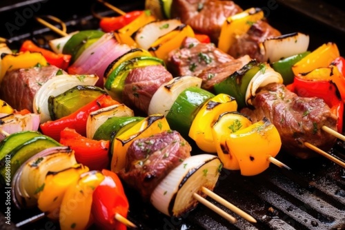 close-up of meat and vegetables on beef skewers