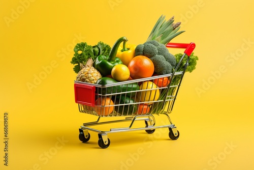 Shopping Trolley Loaded with Vegetables and Fruits in Yellow Studio