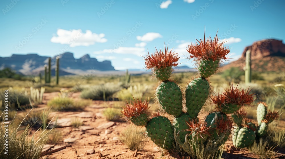 A blooming saguaro cactus in the desert. Generative AI. A blooming saguaro cactus in the desert. Generative AI.