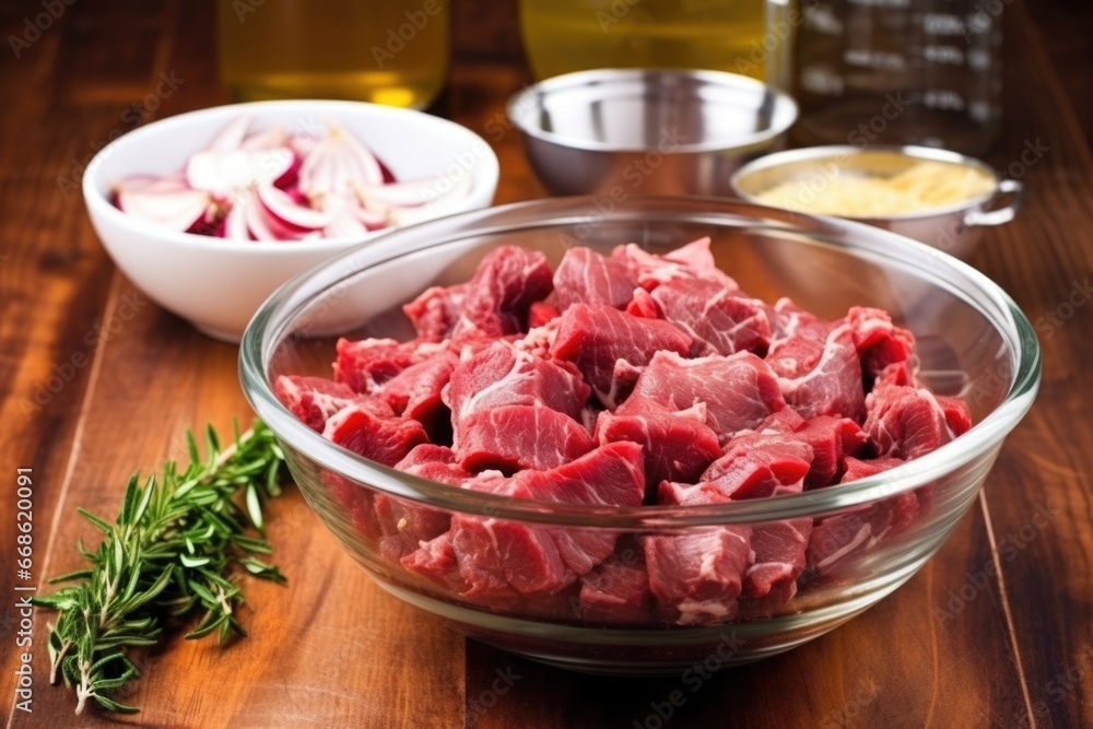 beef skewers ready for marinating in a bowl