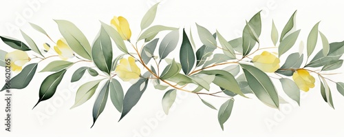 Watercolor olive branch with leaves and fruits isolated on white background. Decorative flower border template for wedding, greeting card, wallpaper, banner and invitation