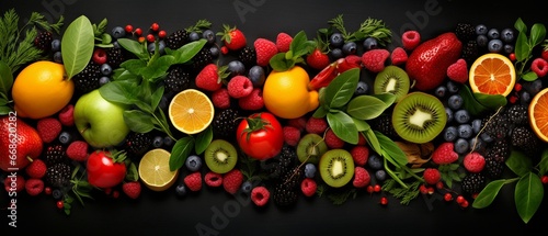 Nutritious Ingredients: Top-Down View of Fruits and Veggies on Black © pierre