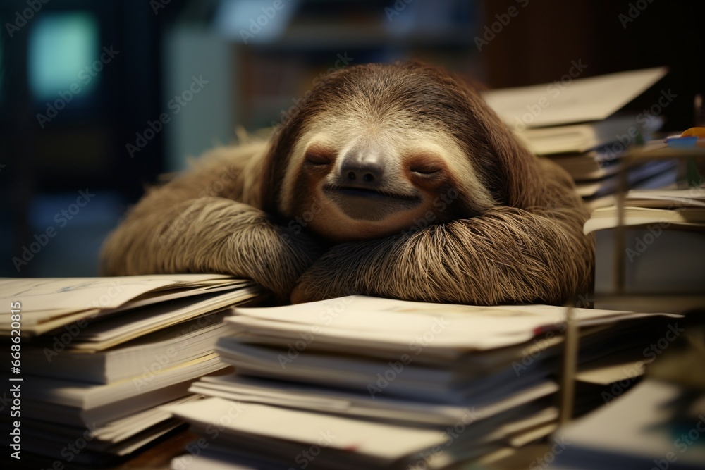 Fototapeta premium Sleepy Sloth Rests on Office Files