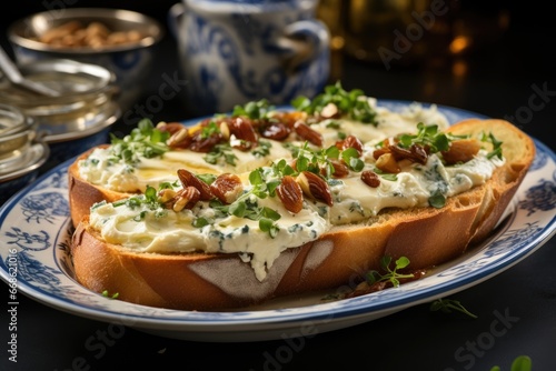 open sandwich with pear and blue cheese on dark background. Generative AI