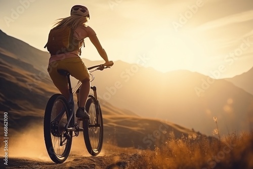 Morning Mountain Ride: Young Woman Cycling on a Beautiful Trail photo