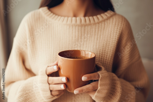 Woman in cozy sweater holding a big cup with coffee close up