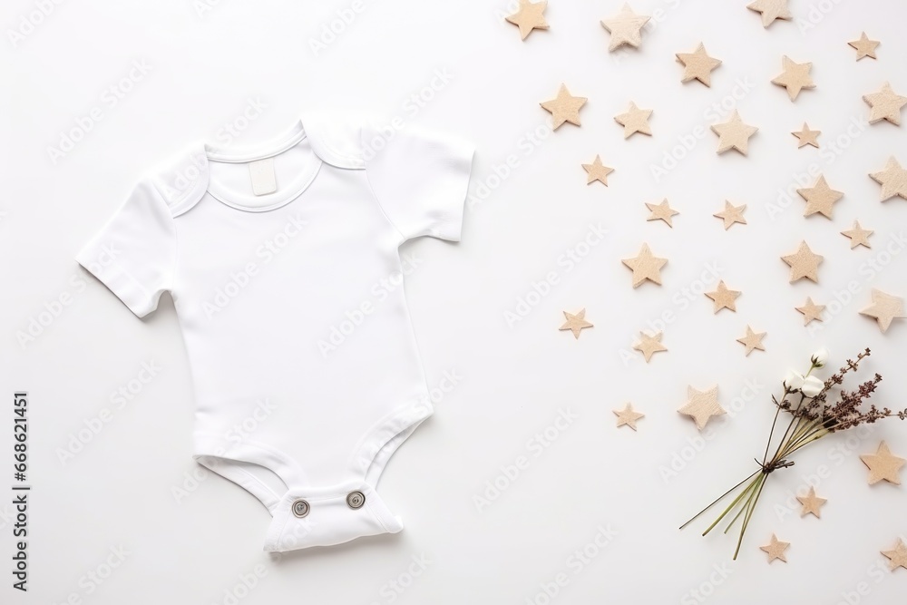 White baby short sleeve bodysuit for mock up on white background with stars White baby short sleeve bodysuit for mock up on white background with stars