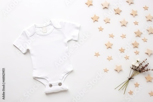 White baby short sleeve bodysuit for mock up on white background with stars © dashtik