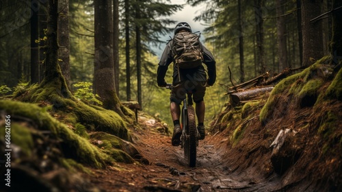 A cyclist riding through a forest. Generative AI.