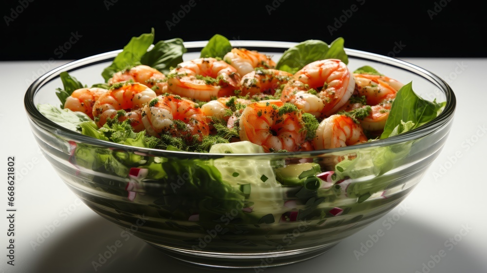 A glass bowl with green salad topped. Generative AI. A glass bowl with green salad topped. Generative AI.