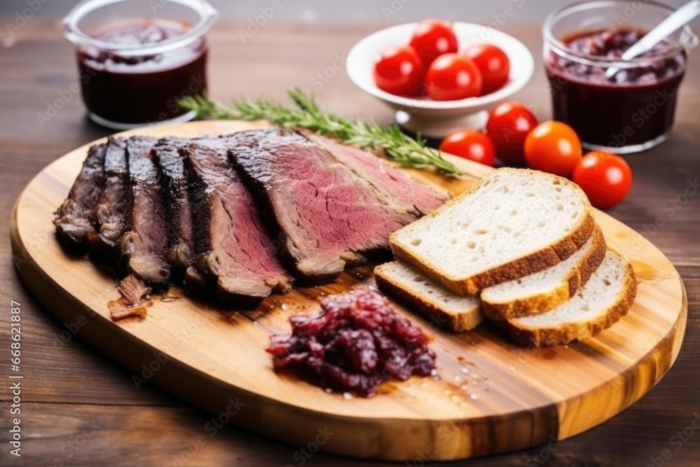 bbq brisket slices on the board with freshly baked bread bbq brisket slices on the board with freshly baked bread