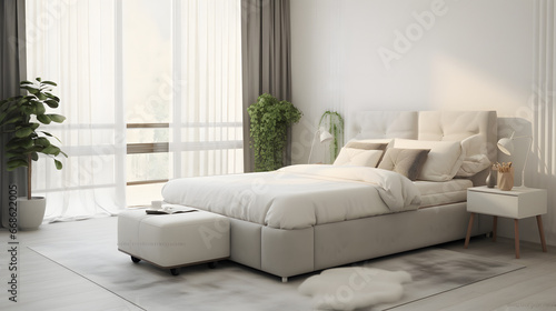 Stylish bedroom interior with large comfortable bed and ottoman near window