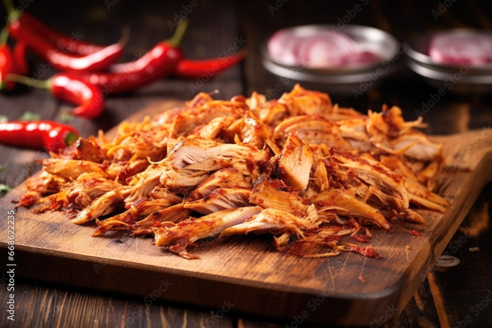 detail shot of smoky pulled chicken on a rustic wooden board detail shot of smoky pulled chicken on a rustic wooden board