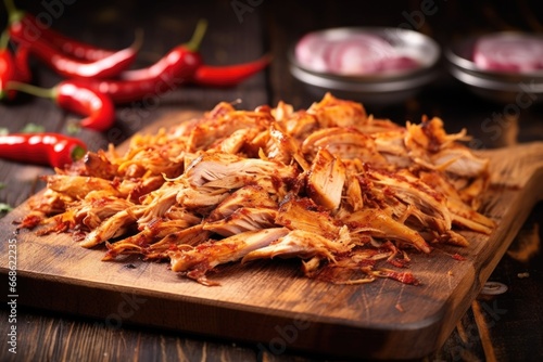 detail shot of smoky pulled chicken on a rustic wooden board © altitudevisual