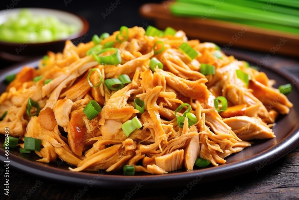 close up of pulled chicken garnished with chopped green onions close up of pulled chicken garnished with chopped green onions