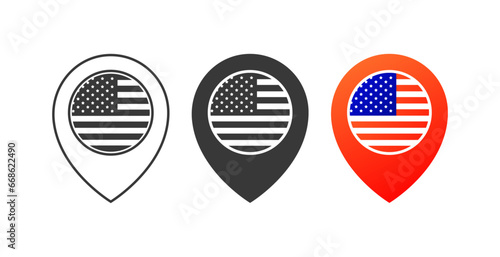 Geolocation icons with American flag. Different styles  geolocation of American places  USA flag. Vector icons
