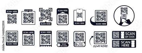QR code scan icon set for mobile apps and payments. QR code scan for smartphone. Qr code Template scan here QR code for smart phone. Vector illustration.