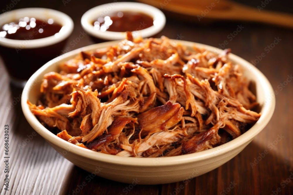 bowl of pulled pork smothered with barbecue sauce, close-up
