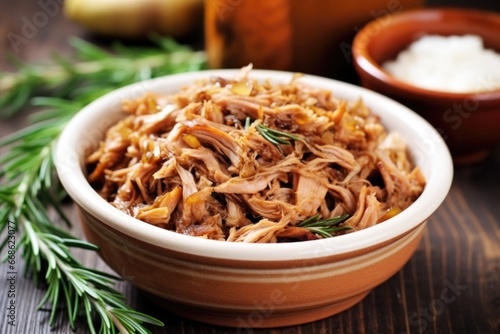 close-up of pulled pork bowl with sprig of rosemary on top