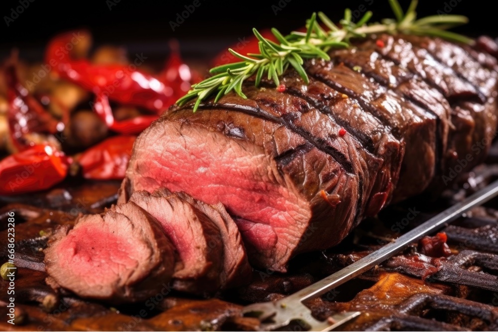 metal skewer loaded with juicy steak pieces metal skewer loaded with juicy steak pieces