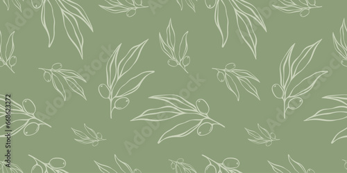 Seamless patterns with Olive Branch in Modern Minimal Liner Style. Vector Floral Backgrounds for Wedding invitations, greeting cards, print on fabric, wallpapers, scrapbooking, gift wrap and more