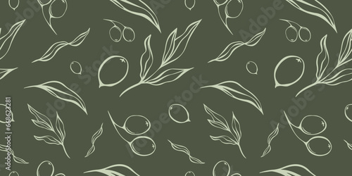 Seamless patterns with Olive Branch in Modern Minimal Liner Style. Vector Floral Backgrounds for Wedding invitations, greeting cards, print on fabric, wallpapers, scrapbooking, gift wrap and more