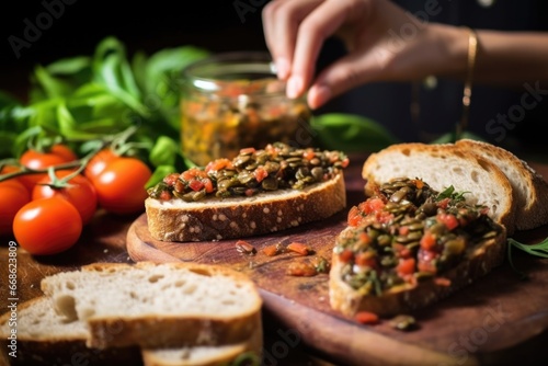 olive tapenade being spread on bread for bruschetta with hand