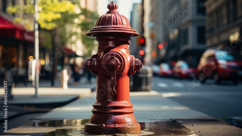 A red fire hydrant on a bustling city sidewalk. Generative AI.