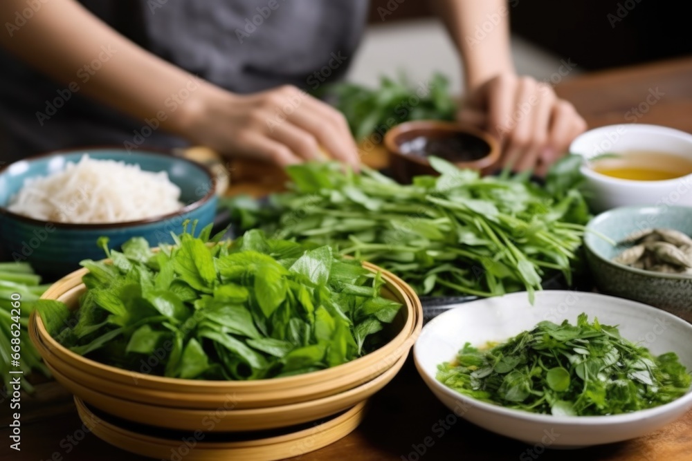 placing a plate of fresh herbs next to a bun cha bowl placing a plate of fresh herbs next to a bun cha bowl