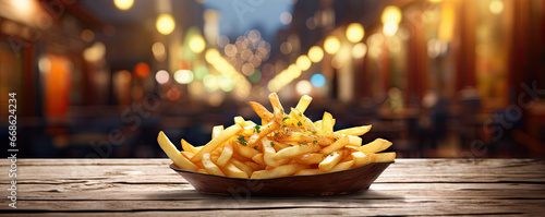 Fresh fries on table or board with glitters background. Fry in bowl. banner