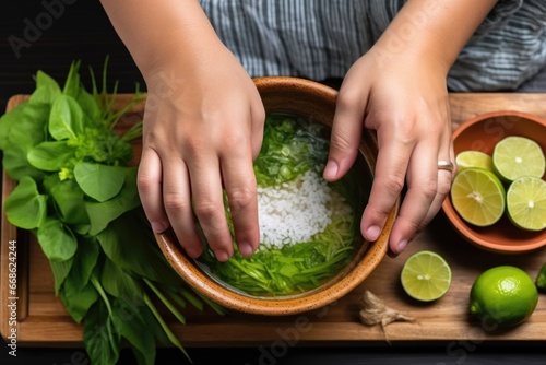 hand squeezing lime into a bun cha bowl