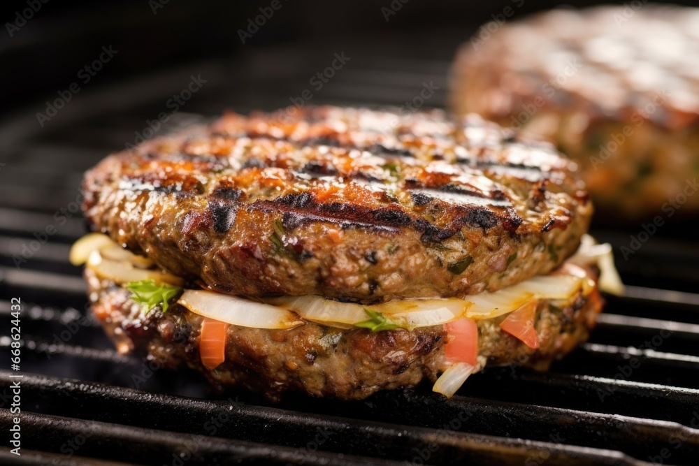 burger patty mid-flip, showing both grilled sides burger patty mid-flip, showing both grilled sides