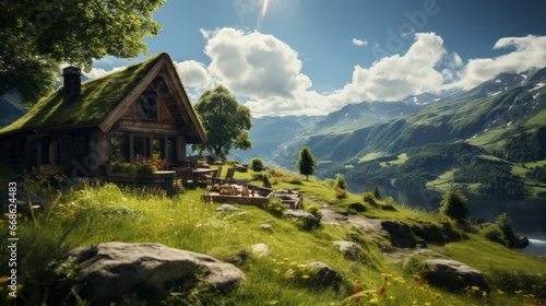 A Scandinavian-inspired cabin with a sod roof. Generative AI.