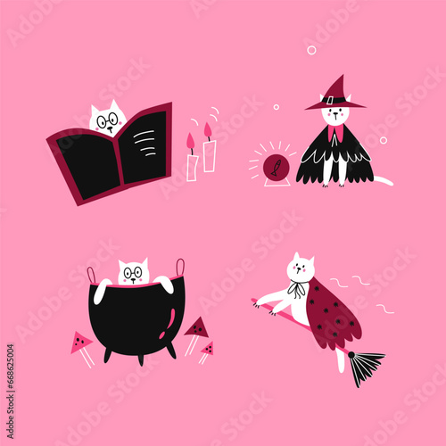 Vector illustration with cute white cats in witch costumes on pink background. Design elements set.
