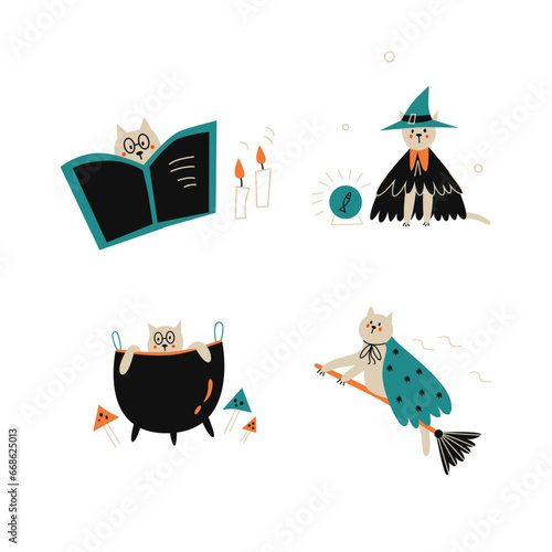 Vector illustration with cute white cats in witch costumes on white background. Design elements set.	

