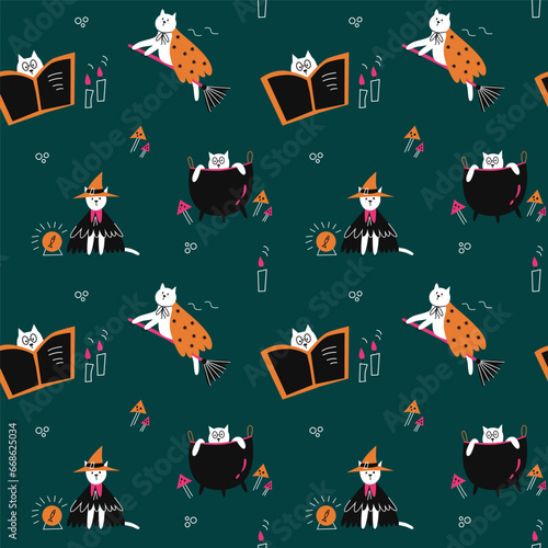 Vector seamless pattern with cute cats in witch costumes. Modern design for fabric and paper, surface textures on dark green background.