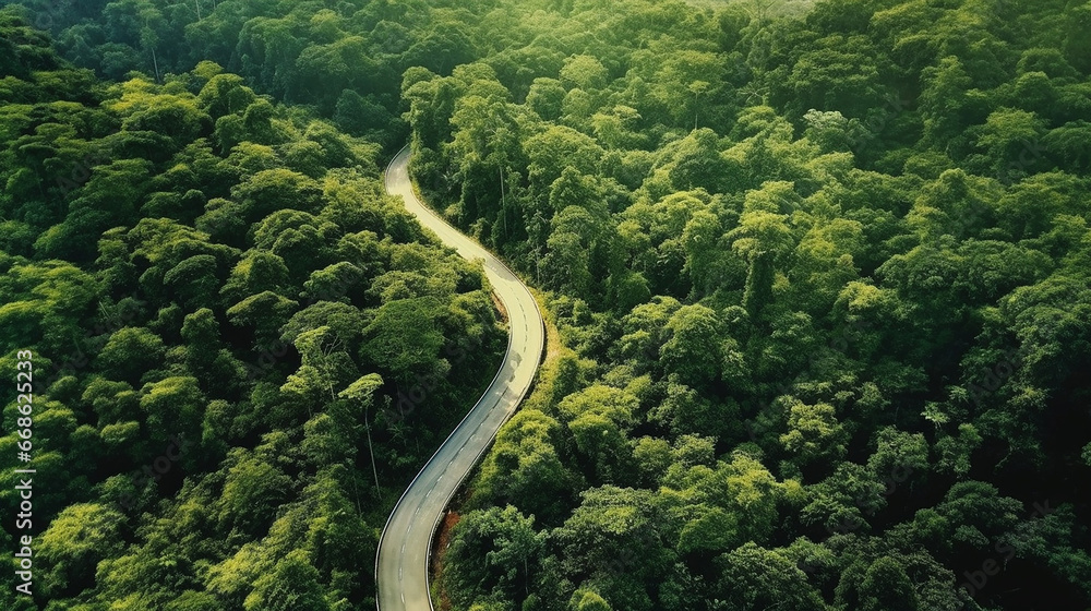 Aerial view of an empty road crossing a huge and green forest