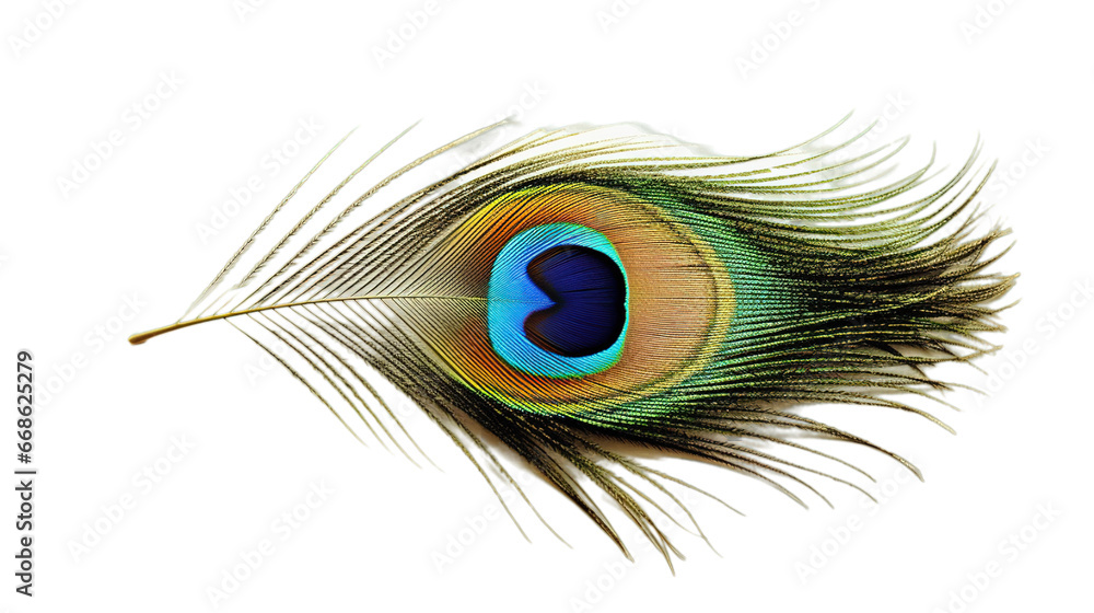 Fototapeta premium Peacock feather isolated on transparent background, Generative ai.