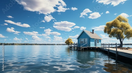 Foto A small boathouse sitting on top of a body. Generative AI.