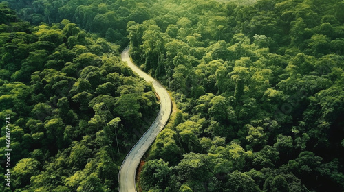 Aerial view of an empty road crossing a huge and green forest 