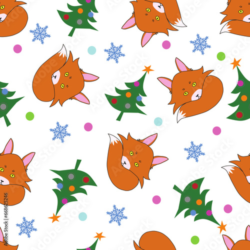 NEW YEAR S PATTERN WITH FOXES AND DECORATED TREES. SEAMLESS PATTERN ON WHITE BACKGROUND TEXTURE BACKGROUND.SUITABLE FOR FABRIC WRAPING PAPER WALLPAPER. 