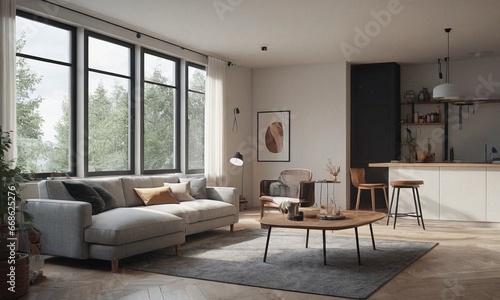Minimalistic Scandinavian design of a cozy house with a fireplace. Bright interior with wood elements.
